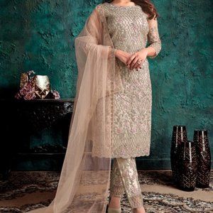 NWOT Taupe colored Heavy Embroidered Pant Suit